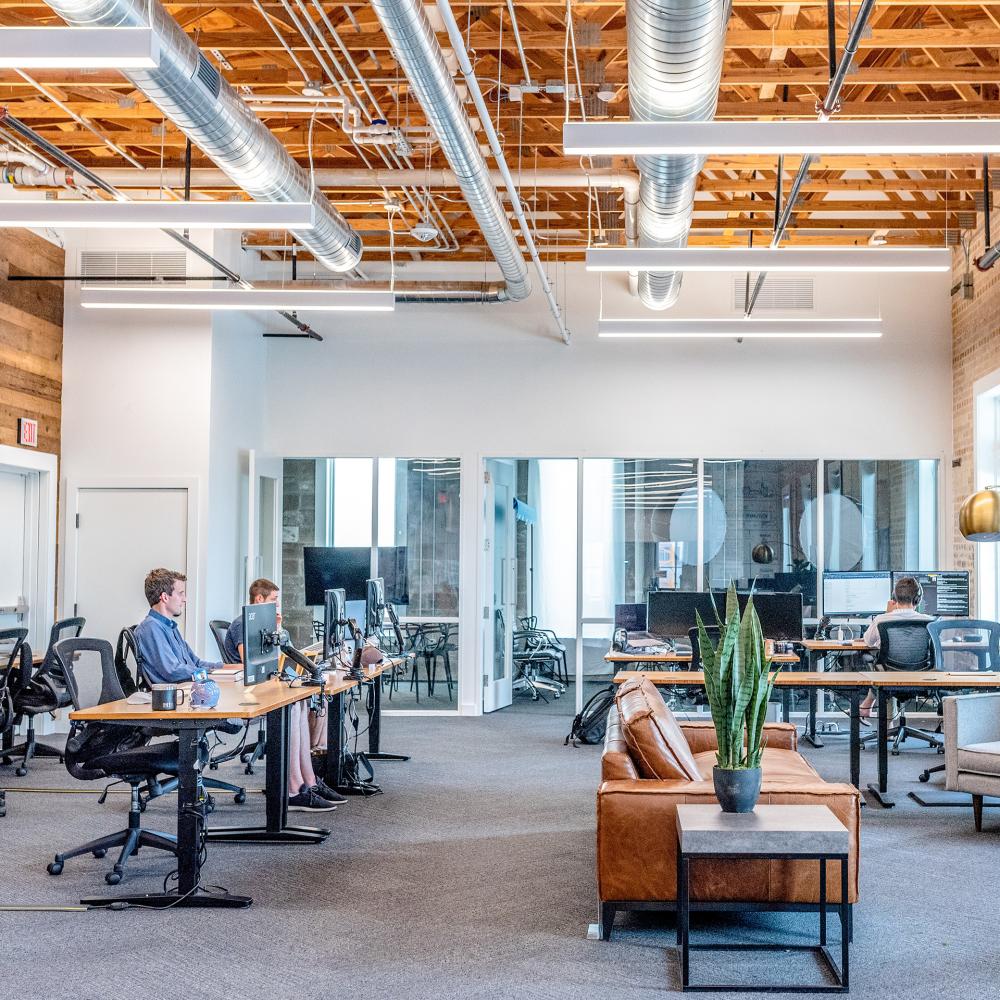 A modern office building with computers and desks